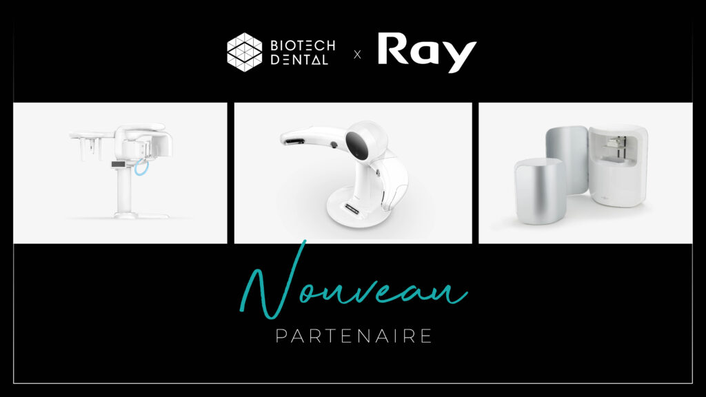 Visuel comportant des photographies et illustrant le nouveau partenariat entre Biotech Dental et Ray