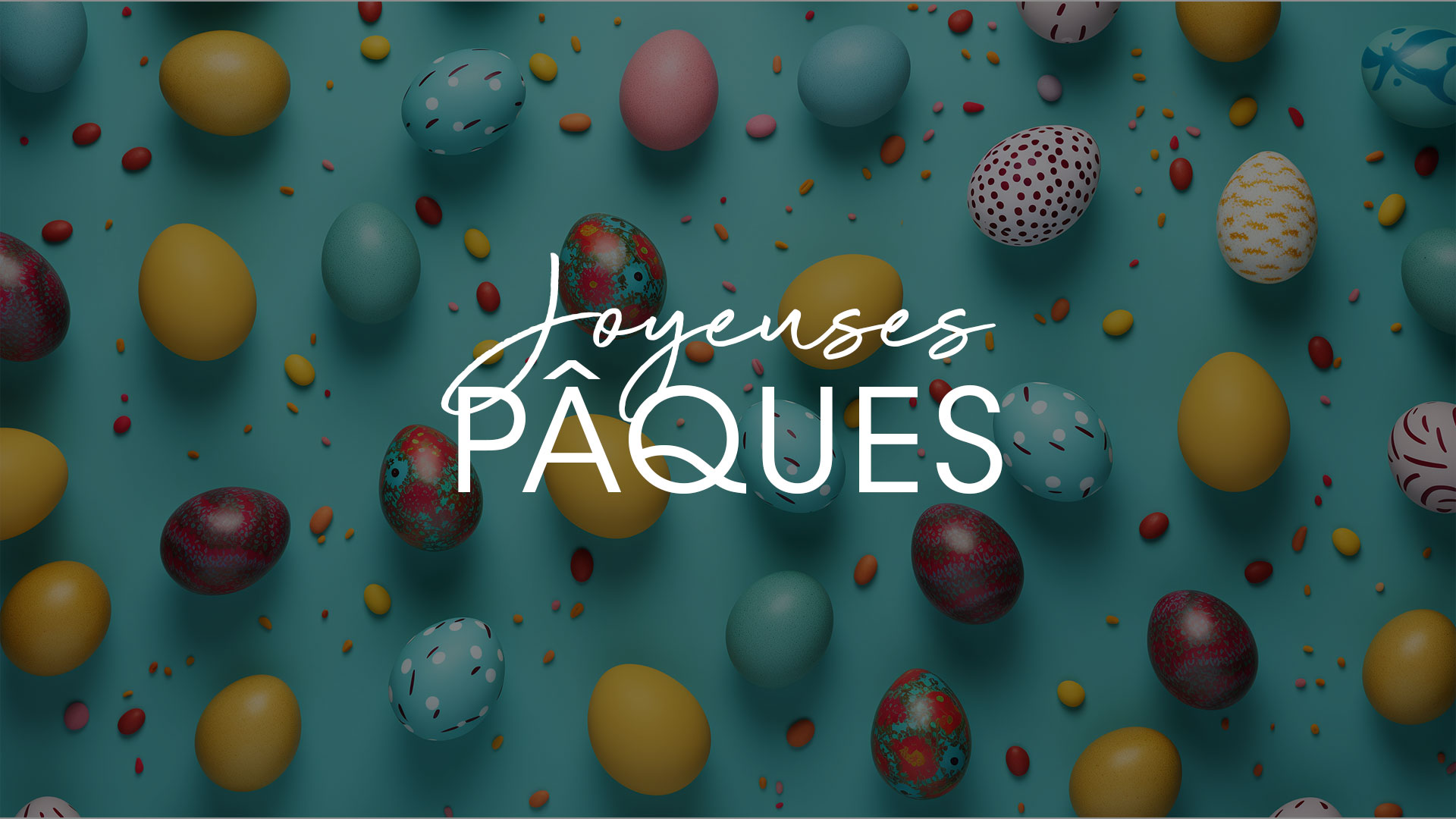 Visuel démontrant des oeufs en chocolat à l'occasion des fêtes de Pâques, avec la mention "Joyeuses pâques"